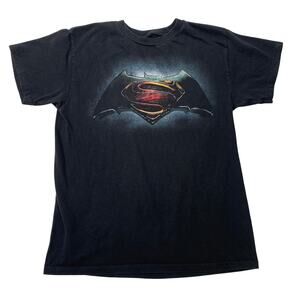 Superman Boys Large Logo Batman Superman Black Cotton Short Sleeve Tee Shirt